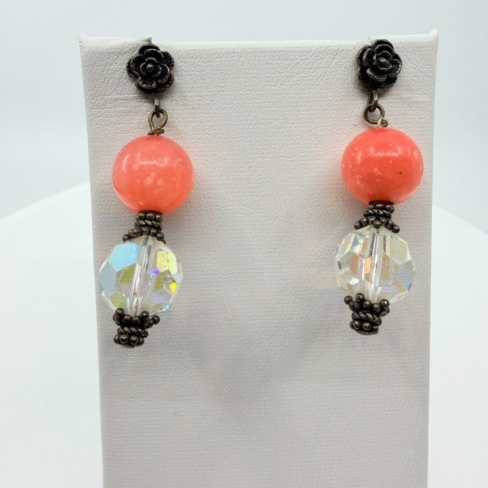 Vintage Coral Pink AB Crystal Dangle Earrings Bronze Rose Studs 80s